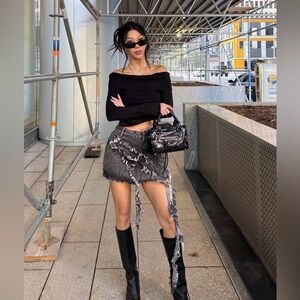 Distressed Black Denim Skirt